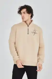 Erkek Yarım Fermuarlı Baskılı 3 iplik pamuklu sweatshirt - Bej