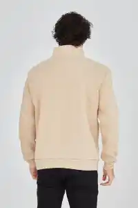 Erkek Yarım Fermuarlı Baskılı 3 iplik pamuklu sweatshirt - Bej