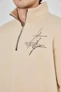 Erkek Yarım Fermuarlı Baskılı 3 iplik pamuklu sweatshirt - Bej