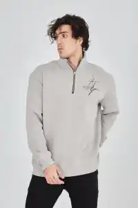 Erkek Yarım Fermuarlı Baskılı 3 iplik pamuklu sweatshirt - Boyalı Gri