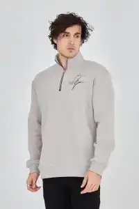 Erkek Yarım Fermuarlı Baskılı 3 iplik pamuklu sweatshirt - Boyalı Gri