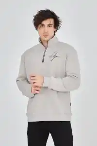Erkek Yarım Fermuarlı Baskılı 3 iplik pamuklu sweatshirt - Boyalı Gri