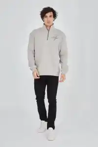 Erkek Yarım Fermuarlı Baskılı 3 iplik pamuklu sweatshirt - Boyalı Gri