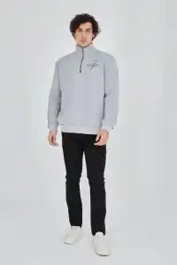 Erkek Yarım Fermuarlı Baskılı 3 iplik pamuklu sweatshirt - Gri