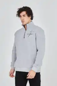 Erkek Yarım Fermuarlı Baskılı 3 iplik pamuklu sweatshirt - Gri
