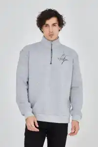 Erkek Yarım Fermuarlı Baskılı 3 iplik pamuklu sweatshirt - Gri
