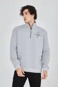 Erkek Yarım Fermuarlı Baskılı 3 iplik pamuklu sweatshirt - Gri
