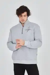 Erkek Yarım Fermuarlı Baskılı 3 iplik pamuklu sweatshirt - Gri