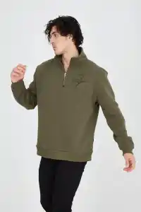 Erkek Yarım Fermuarlı Baskılı 3 iplik pamuklu sweatshirt - Yeşil
