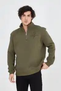 Erkek Yarım Fermuarlı Baskılı 3 iplik pamuklu sweatshirt - Yeşil