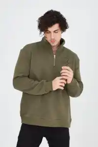 Erkek Yarım Fermuarlı Baskılı 3 iplik pamuklu sweatshirt - Yeşil