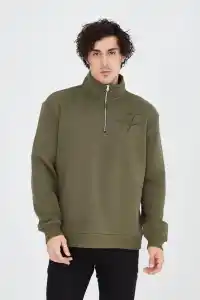 Erkek Yarım Fermuarlı Baskılı 3 iplik pamuklu sweatshirt - Yeşil