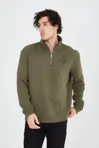 Erkek Yarım Fermuarlı Baskılı 3 iplik pamuklu sweatshirt - Yeşil