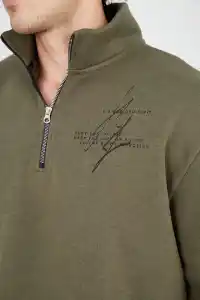 Erkek Yarım Fermuarlı Baskılı 3 iplik pamuklu sweatshirt - Yeşil