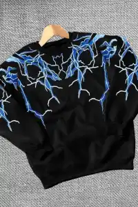Erkek Yıldırım Baslılı Bisiklet Yaka 3 iplik pamuklu Sweatshirt - Siyah