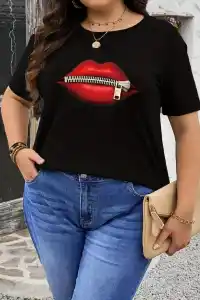 Kadın Kısa Kol Yazlık Tişört Bisiklet Yaka Dudak Baskılı T-Shirt - Siyah