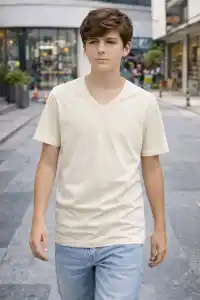 Genç Erkek Çocuk V Yaka Tişört Model - Taş
