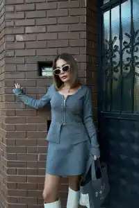 Kadın İkili Fermuarlı Hırkalı Etekli Takım - Füme