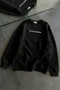 Kadın 3 İplik Pamuklu Bisiklet Yaka Baskılı SweatShirt - Siyah