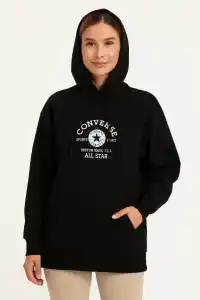 Kadın Kapüşonlu Kanguru Cepli Sweatshirt 3 İplik Pamuklu Baskılı Hoodie - Siyah