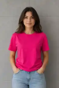 Kadın Basic Pamuklu Tişört Bisiklet Yaka Düz Renk Relaxed Fit T-Shirt - Fuşya