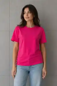 Kadın Basic Pamuklu Tişört Bisiklet Yaka Düz Renk Relaxed Fit T-Shirt - Fuşya