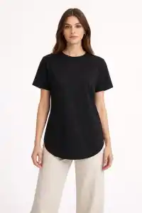 Kadın Basic T-Shirt Kısa Kol Bisiklet Yaka Oval Kesim Tişört - Siyah