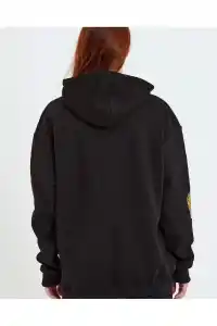 Kadın Oversize Kapüşonlu Cepli Ön Kol Baskılı 3 İplik Pamuklu Hoodie Sweatshirt - Siyah