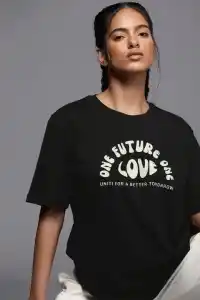 Kadın Baskılı T-Shirt Kısa Kol Bisiklet Yaka Oversize Rahat Kalıp Tişört - Siyah