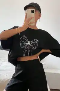 Kadın Fiyonk Baskılı T-Shirt Kısa Kol Bisiklet Yaka Oversize Tişört - Siyah