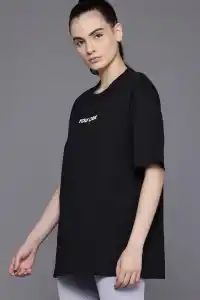 Kadın Baskılı T-Shirt Kısa Kol Bisiklet Yaka Oversize Rahat Kalıp Tişört - Siyah