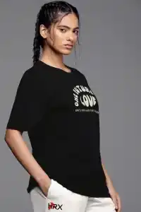 Kadın Baskılı T-Shirt Kısa Kol Bisiklet Yaka Oversize Rahat Kalıp Tişört - Siyah