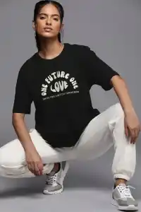 Kadın Baskılı T-Shirt Kısa Kol Bisiklet Yaka Oversize Rahat Kalıp Tişört - Siyah