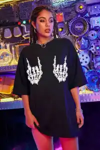 Kadın Baskılı T-Shirt Kısa Kol Bisiklet Yaka Oversize Rahat Kalıp Tişört - Siyah
