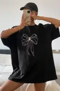 Kadın Fiyonk Baskılı T-Shirt Kısa Kol Bisiklet Yaka Oversize Tişört - Siyah