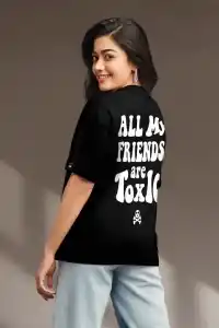 Kadın Kısa Kol Yazlık Tişört Bisiklet Yaka Baskılı Oversize T-Shirt - Siyah