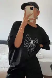 Kadın Fiyonk Baskılı T-Shirt Kısa Kol Bisiklet Yaka Oversize Tişört - Siyah