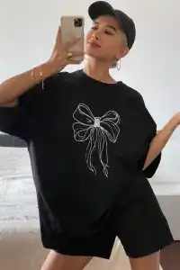 Kadın Fiyonk Baskılı T-Shirt Kısa Kol Bisiklet Yaka Oversize Tişört - Siyah