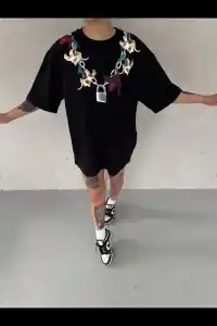 Kadın Kısa Kol Yazlık Tişört Bisiklet Yaka Baskılı Oversize T-Shirt - Siyah