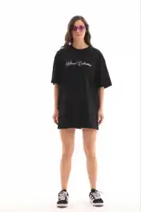 Kadın Kısa Kol Yazlık Tişört Bisiklet Yaka Baskılı Oversize T-Shirt - Siyah