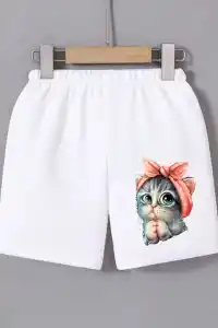 Kadın Beli Lastikli Baskılı Mini Şort - Beyaz