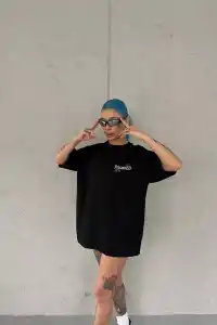 Kadın Bisiklet Yaka Baskılı kısa kol Oversize T-Shirt - Siyah