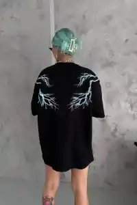 Kadın Bisiklet Yaka Baskılı  Kısa kol Oversize T-Shirt - Siyah