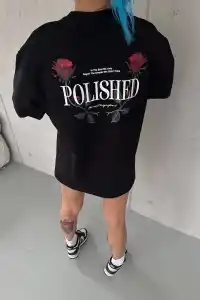 Kadın Bisiklet Yaka Baskılı kısa kol Oversize T-Shirt - Siyah