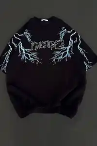 Kadın Bisiklet Yaka Baskılı  Kısa kol Oversize T-Shirt - Siyah