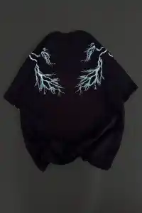 Kadın Bisiklet Yaka Baskılı  Kısa kol Oversize T-Shirt - Siyah