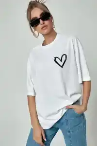 Kadın Tişört Bisiklet Yaka Baskılı Oversize T-Shirt - Beyaz