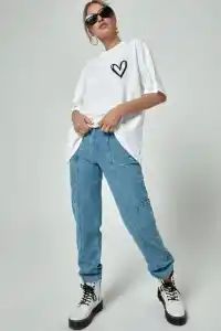 Kadın Tişört Bisiklet Yaka Baskılı Oversize T-Shirt - Beyaz