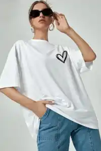 Kadın Tişört Bisiklet Yaka Baskılı Oversize T-Shirt - Beyaz