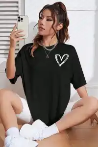 Kadın Tişört Bisiklet Yaka Baskılı Oversize T-Shirt - Siyah